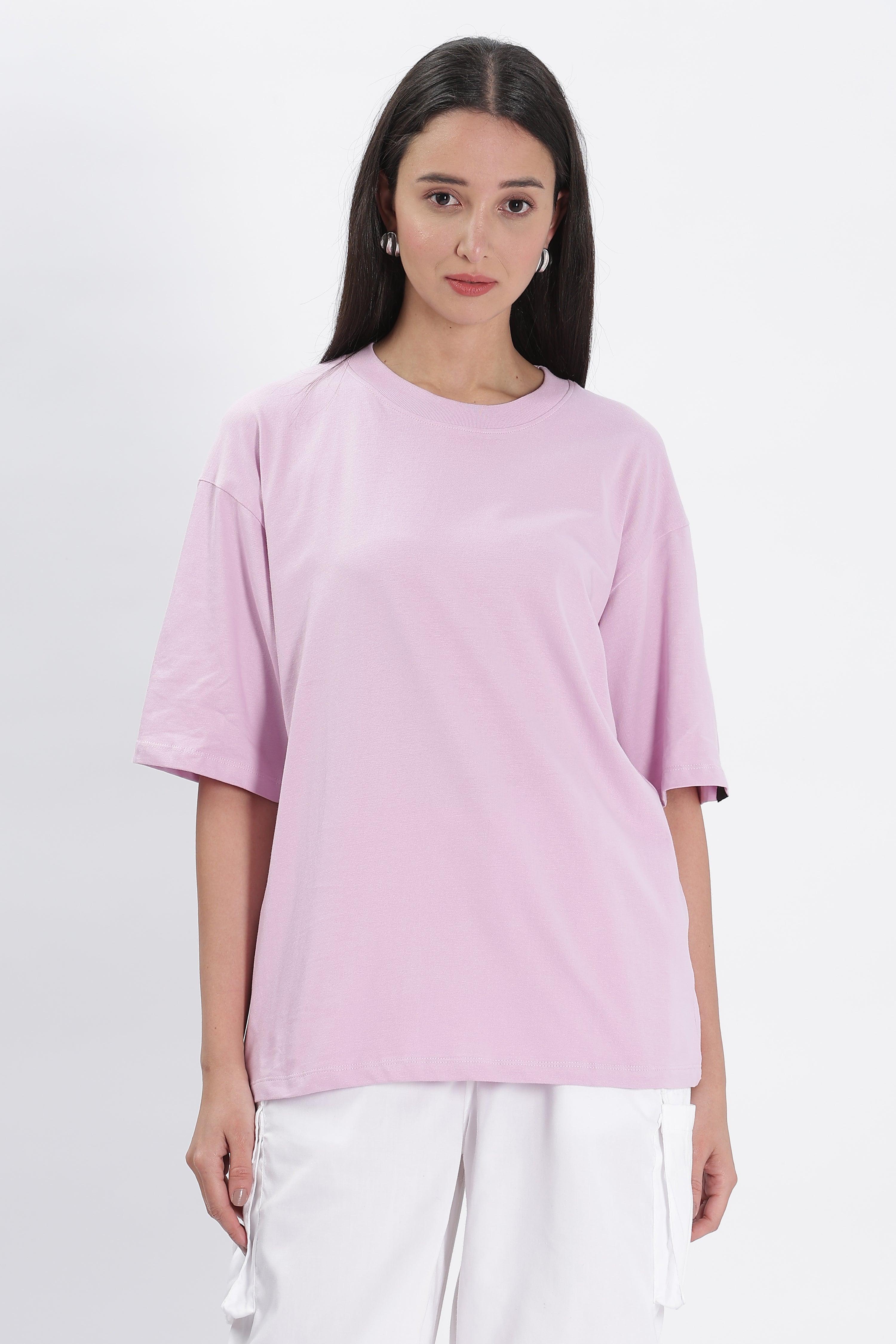 Female model wearing Soulmonk lavender oversized t-shirt with half sleeves and round neck