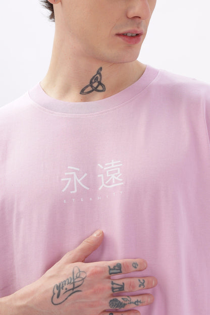 Soulmonk lilac oversized t-shirt worn by male model with printed white design and visible neck and hand tattoos