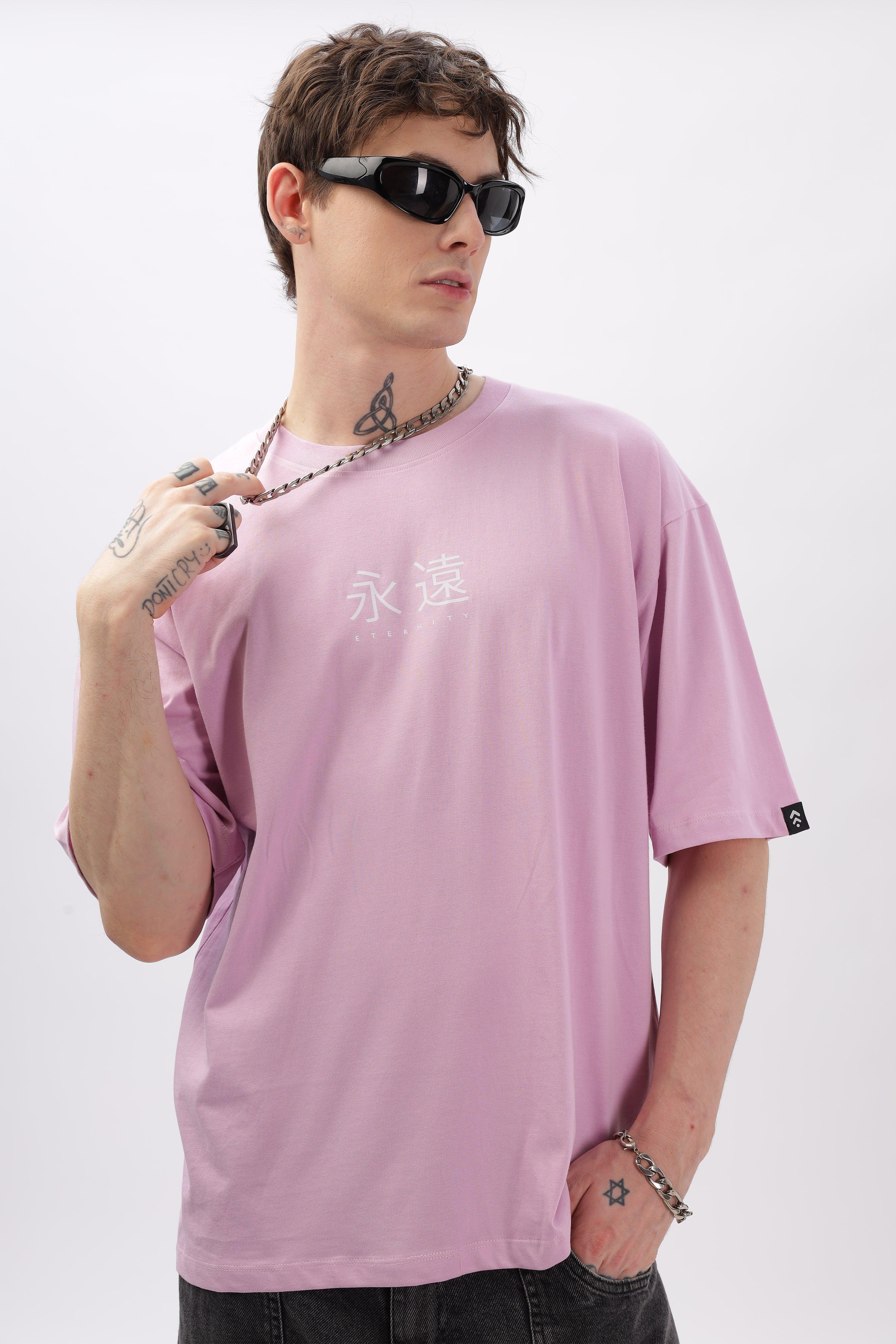 Soulmonk male model wearing lilac oversized t-shirt with white print and black sunglasses