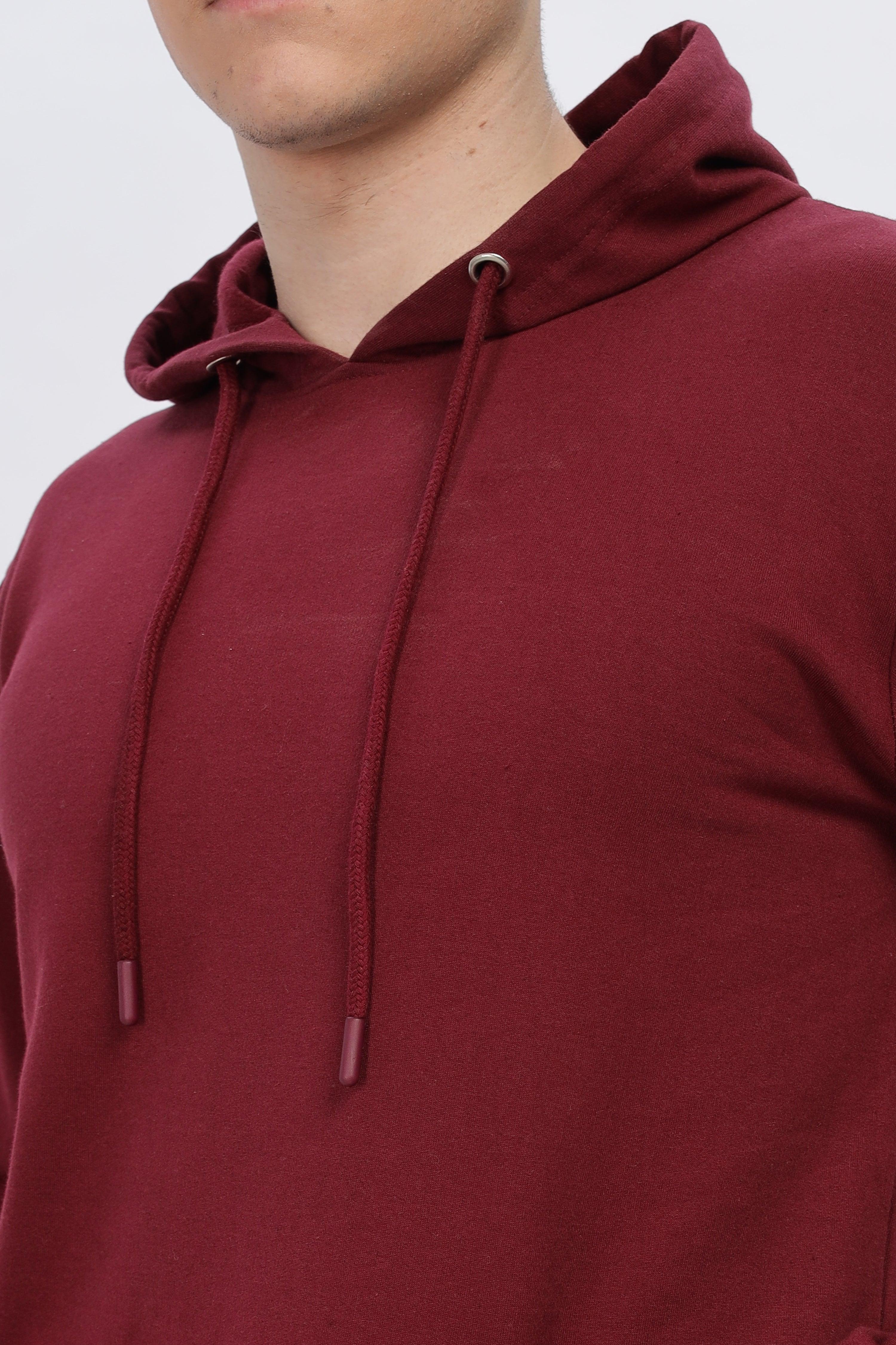 Soulmonk maroon solid hoodie for men with adjustable drawstring hood in soft fabric
