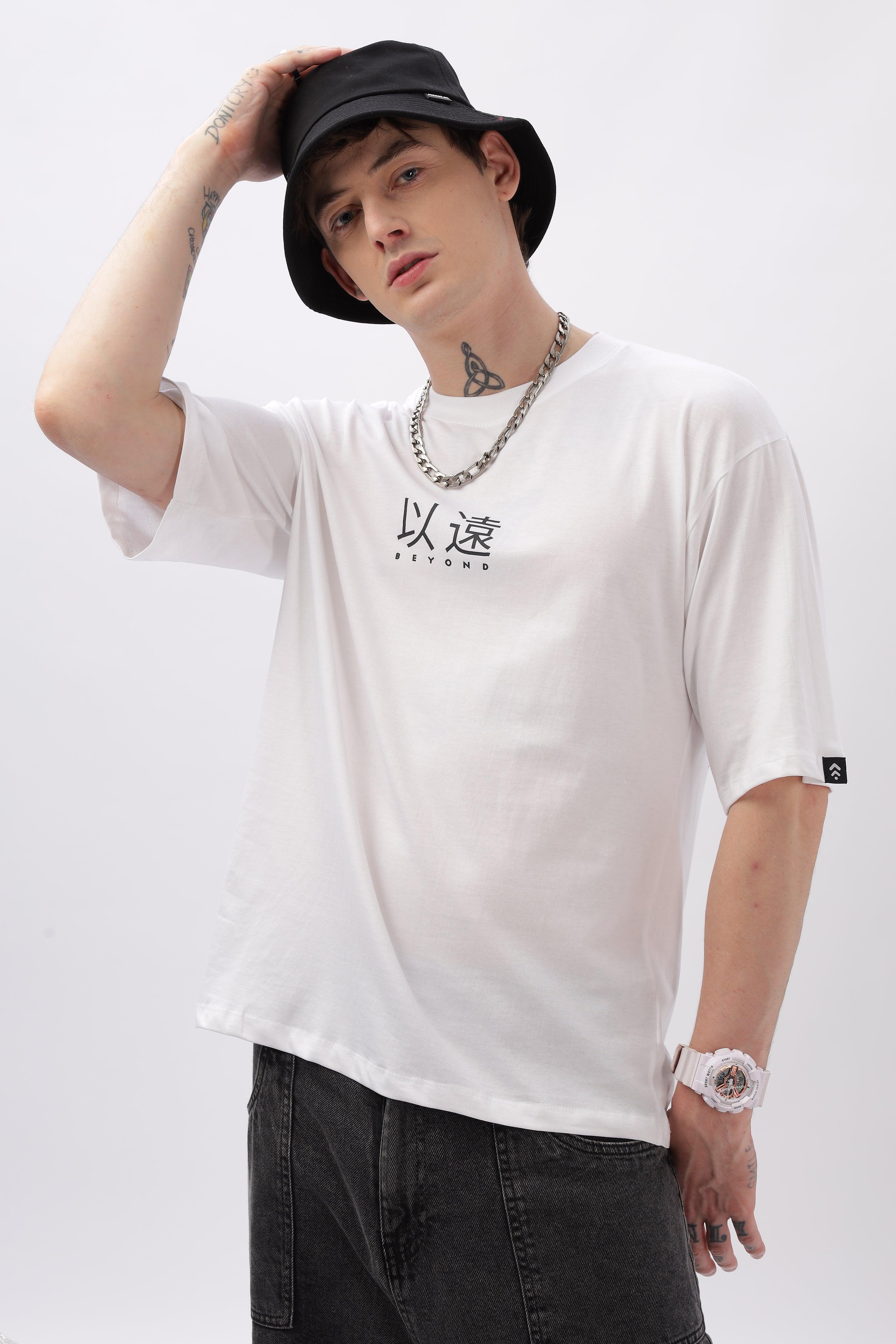 Soulmonk oversized white t-shirt men with Chinese character print worn by male model with black bucket hat
