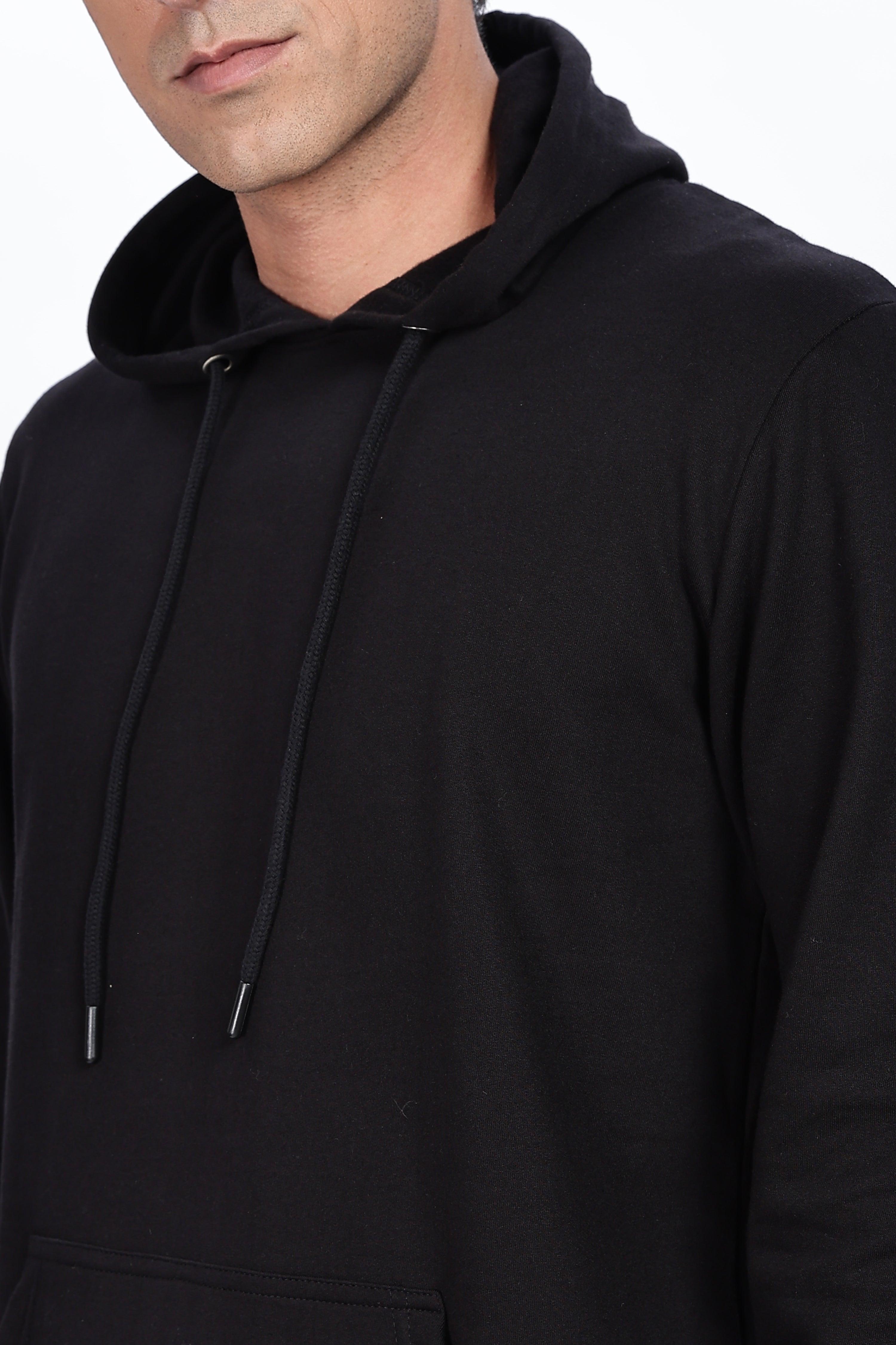 Soulmonk men's midnight black hoodie with drawstring hood and front pocket close-up