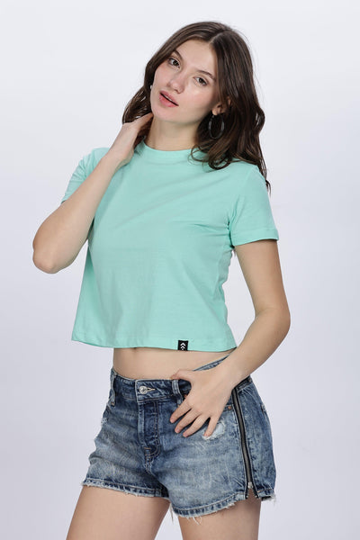 Soulmonk mint green crop top for women worn with denim shorts by female model