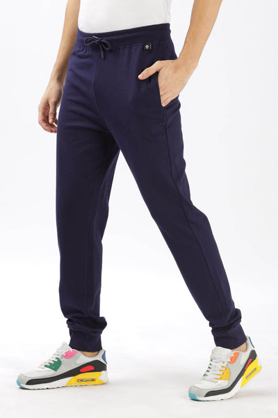 Soulmonk navy blue joggers for men featuring a drawstring waist and tapered fit for comfortable style