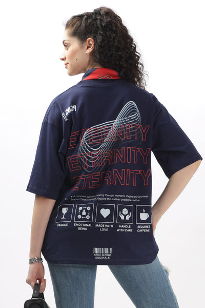 Soulmonk navy blue oversized t-shirt for female with graphic Eternity print on the back