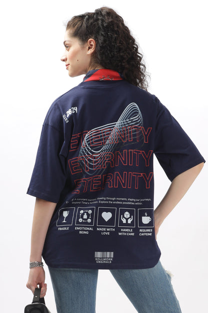 Soulmonk navy blue oversized t-shirt for female with graphic Eternity print on the back