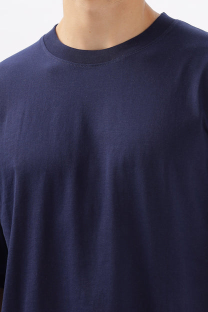 Soulmonk navy blue oversized t-shirt with crew neck worn by male model
