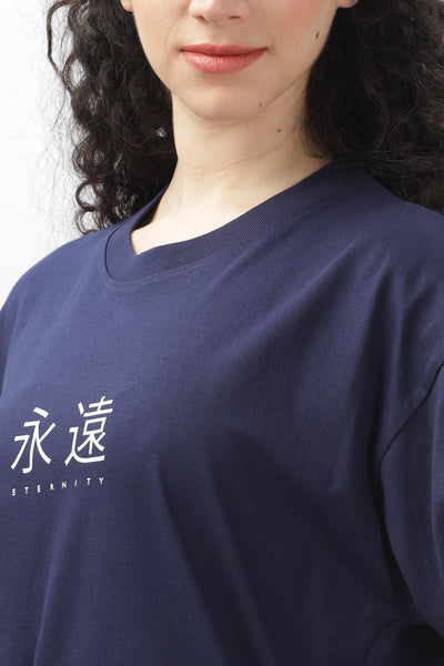 Soulmonk navy blue oversized t-shirt for female with white eternity text and japanese characters