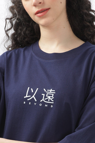 Soulmonk navy blue oversized t-shirt with white graphic text on front for women