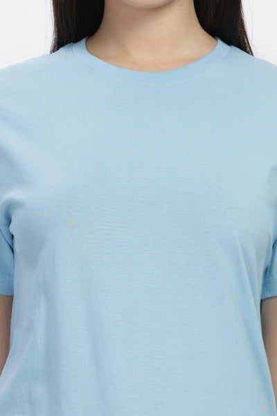 SoulMonk ocean blue casual t-shirt worn by female model with short sleeves and round neckline