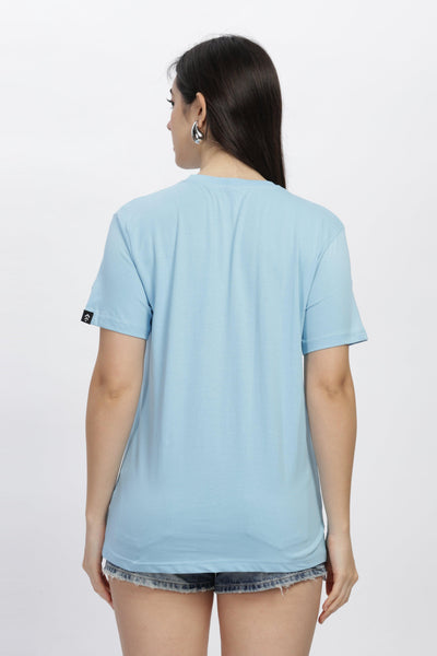Woman wearing ocean blue casual t-shirt by SoulMonk shown from the back with short sleeves and relaxed fit