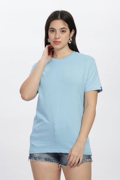 SoulMonk ocean blue casual t-shirt worn by female model paired with denim shorts