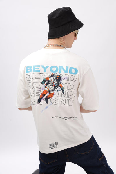 Soulmonk off-white oversized t-shirt with astronaut graphic and beyond text on back worn by male model