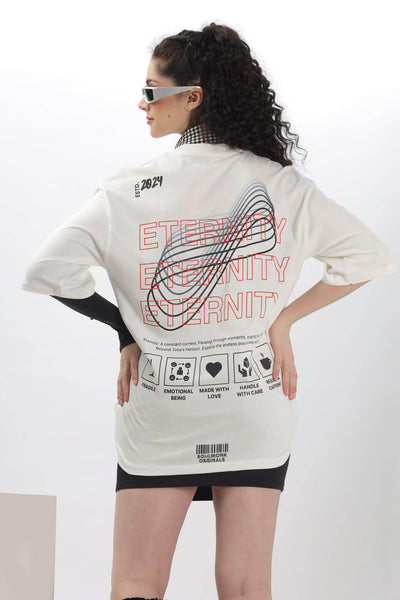 Soulmonk off-white oversized t-shirt worn by female model featuring graphic back design and loose fit