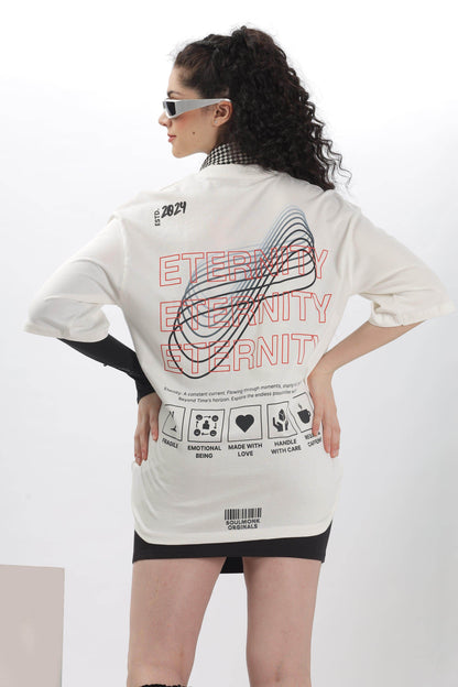 Soulmonk off-white oversized t-shirt worn by female model featuring graphic back design and loose fit