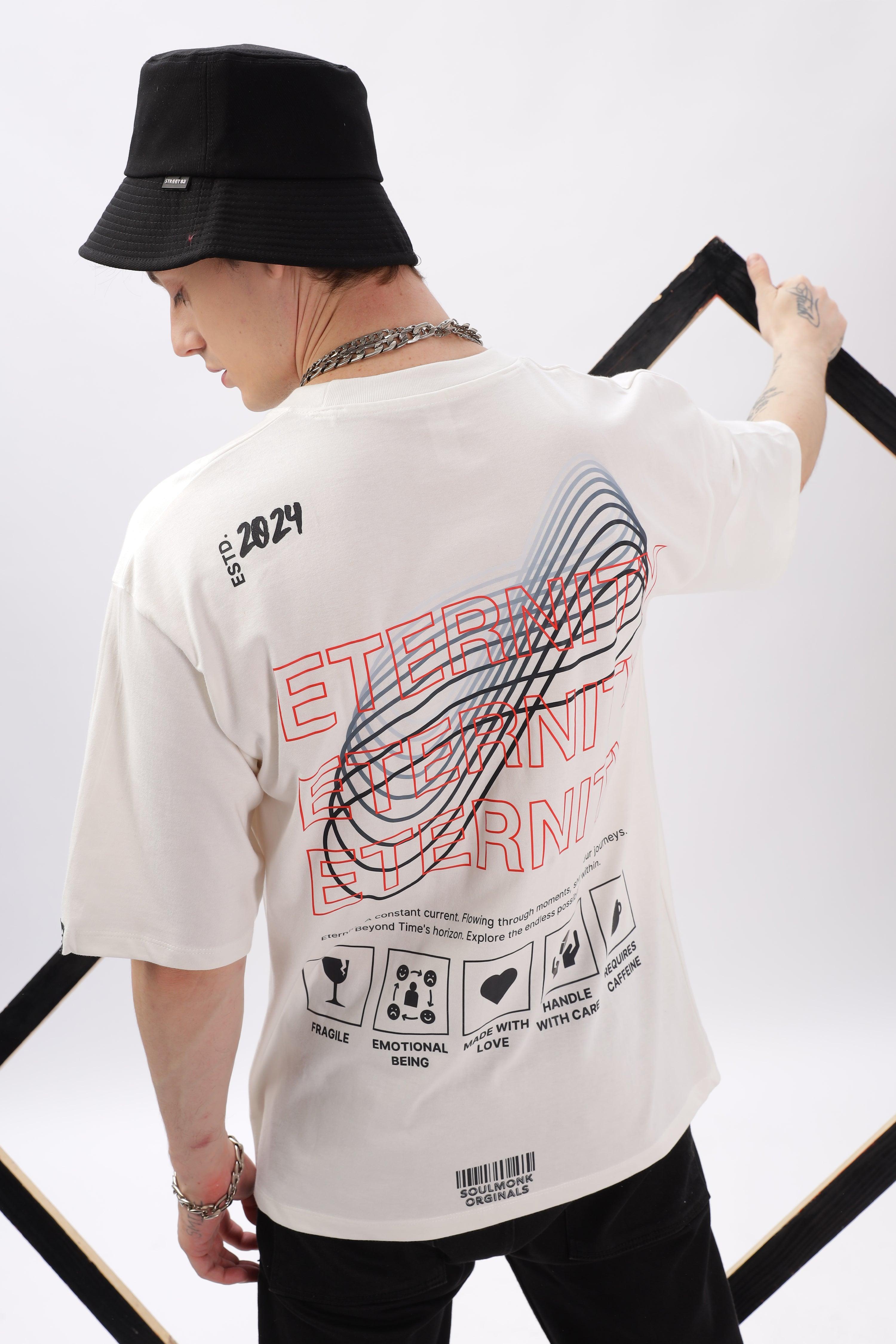 Soulmonk off-white oversized t-shirt with graphic back print worn by a male model with black bucket hat