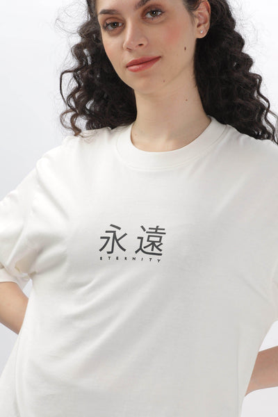 Female model wearing Soulmonk off-white oversized t-shirt with black eternity print on front