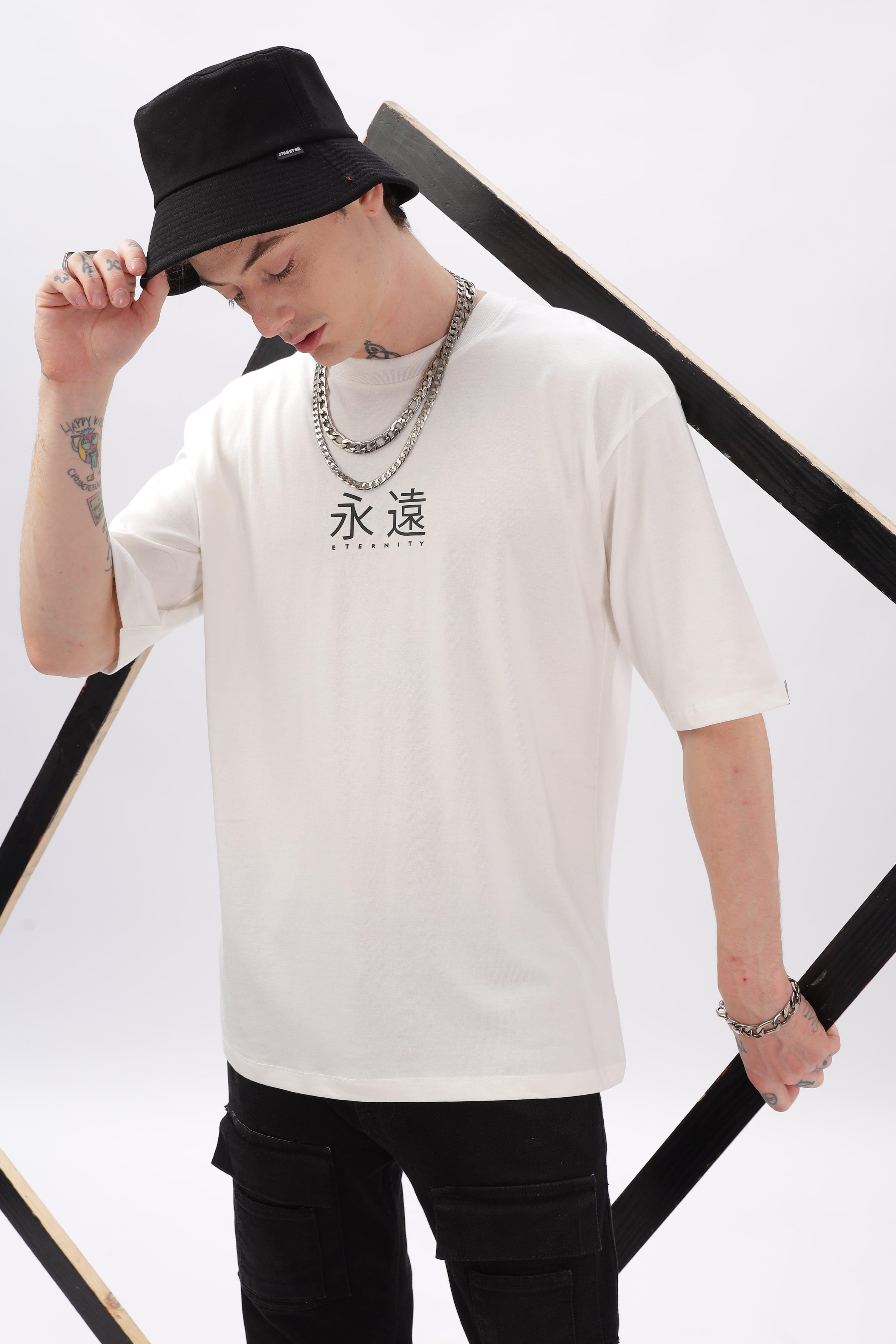 Male model wearing a Soulmonk off-white oversized t-shirt with black Chinese text and accessories