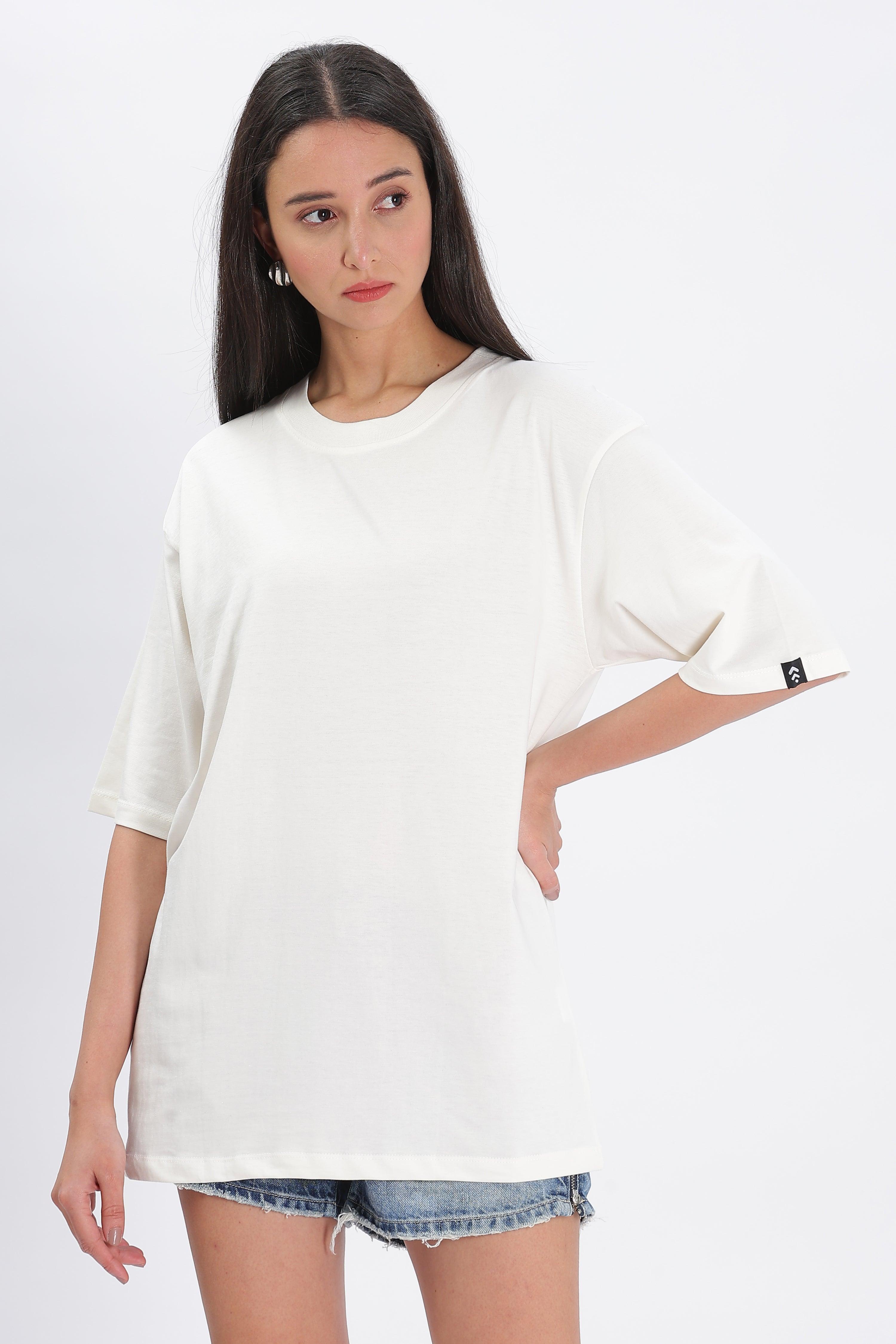 Soulmonk off white oversized t shirt worn by woman with half sleeves and relaxed fit