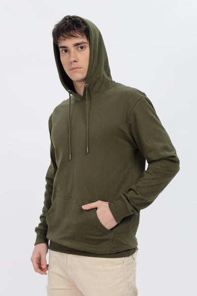 Soulmonk male model wearing an olive green hoodie with front pocket and adjustable drawstrings