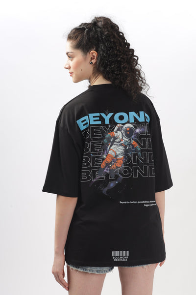 Soulmonk oversized black t-shirt for women featuring a colorful astronaut graphic and beyond text on back