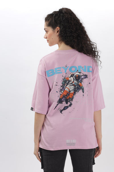 Soulmonk oversized lavender t-shirt for female with astronaut graphic and blue beyond text on back