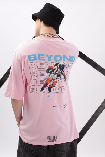 Soulmonk oversized soft pink t-shirt for men with astronaut graphic and Beyond text on back