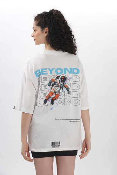 Soulmonk oversized white t-shirt women with astronaut graphic and beyond text on back