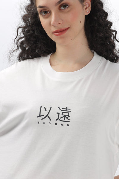 Soulmonk oversized white t-shirt women with black Japanese characters and Beyond text on front