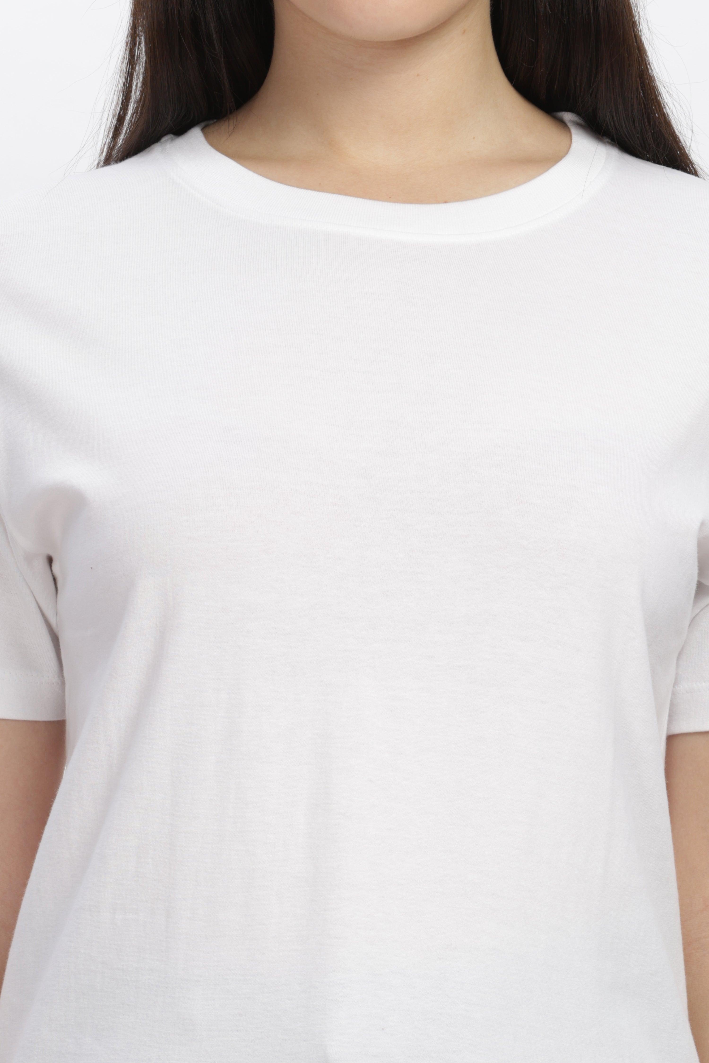 Soulmonk premium casual white tee worn by female model with round neckline and short sleeves