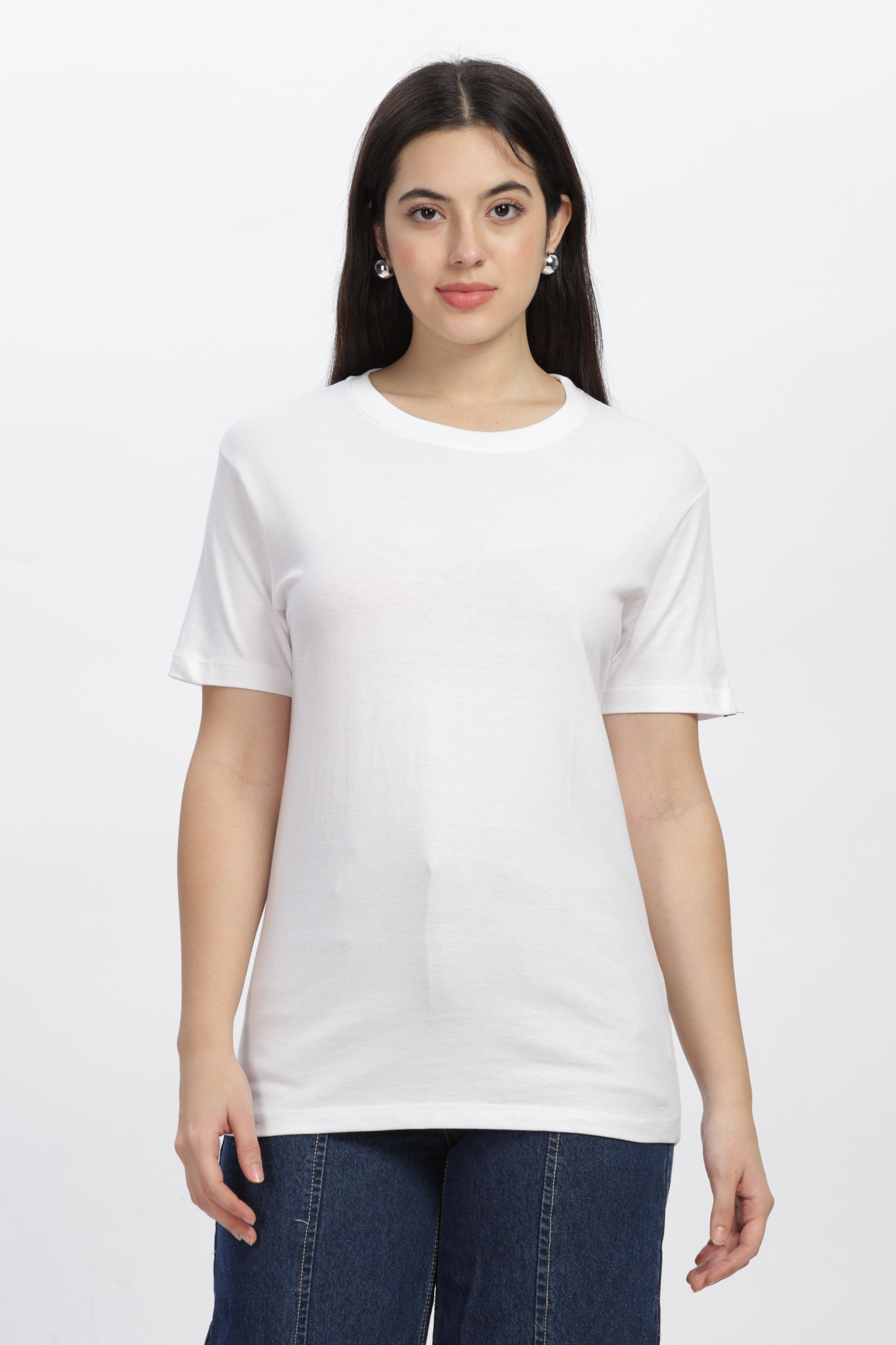 Soulmonk female wearing a premium casual white tee with short sleeves and a crew neckline