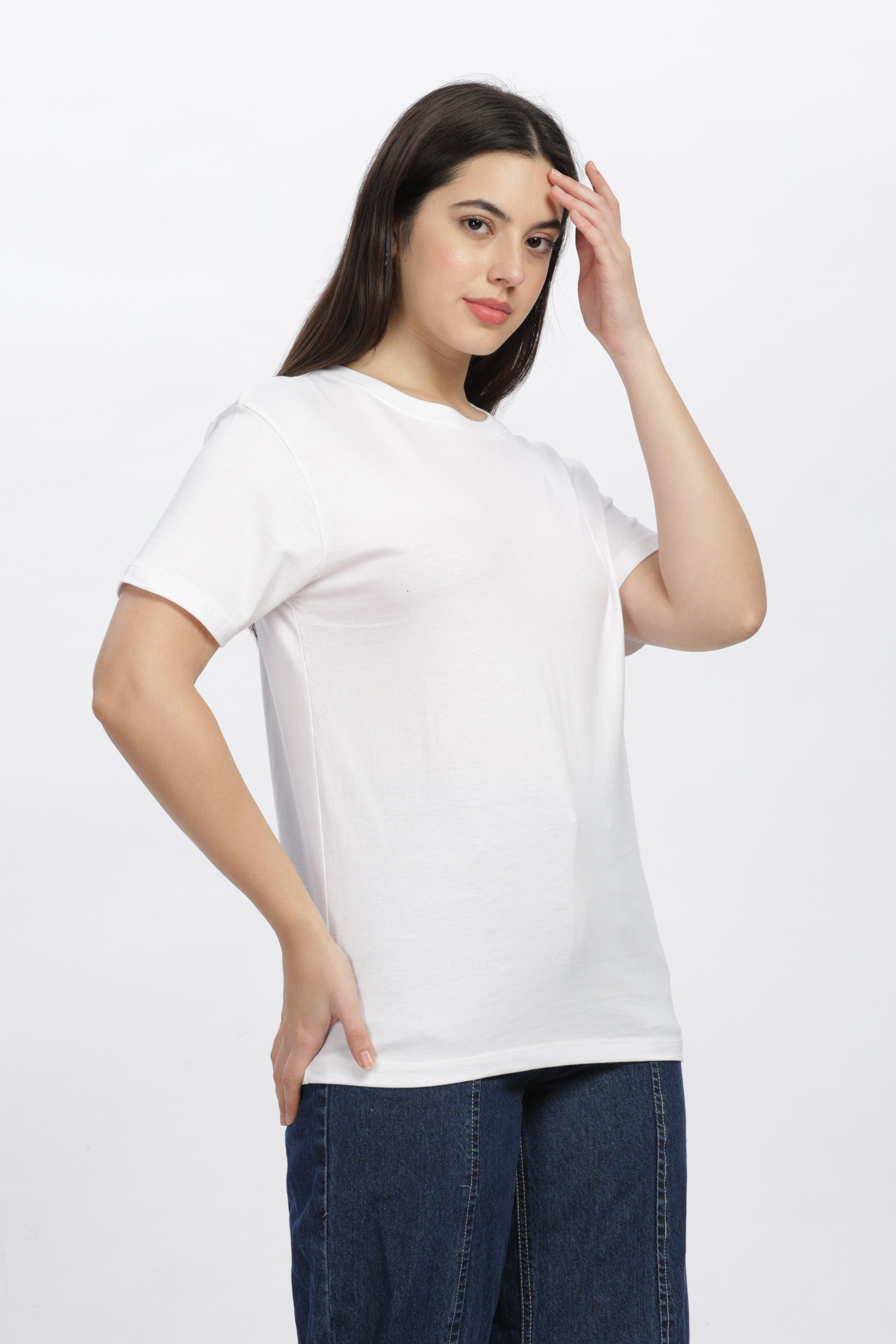 Soulmonk premium casual white tee worn by female model with straight dark hair and blue jeans