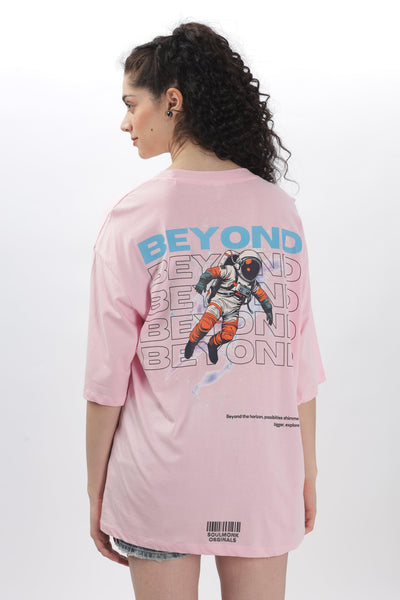 Soulmonk soft pink oversized t-shirt with astronaut graphic and Beyond text on back