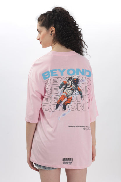 Soulmonk soft pink oversized t-shirt with astronaut graphic and Beyond text on back