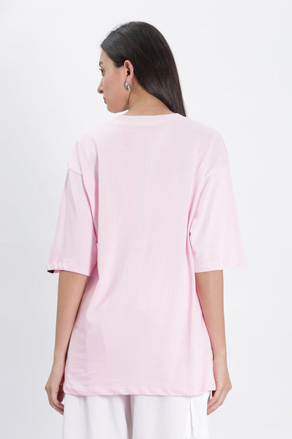 Soulmonk soft pink oversized t-shirt worn by female model shown from the back