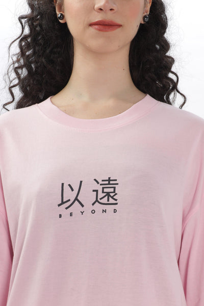 Soulmonk soft pink oversized t-shirt with black beyond text and Japanese characters on front