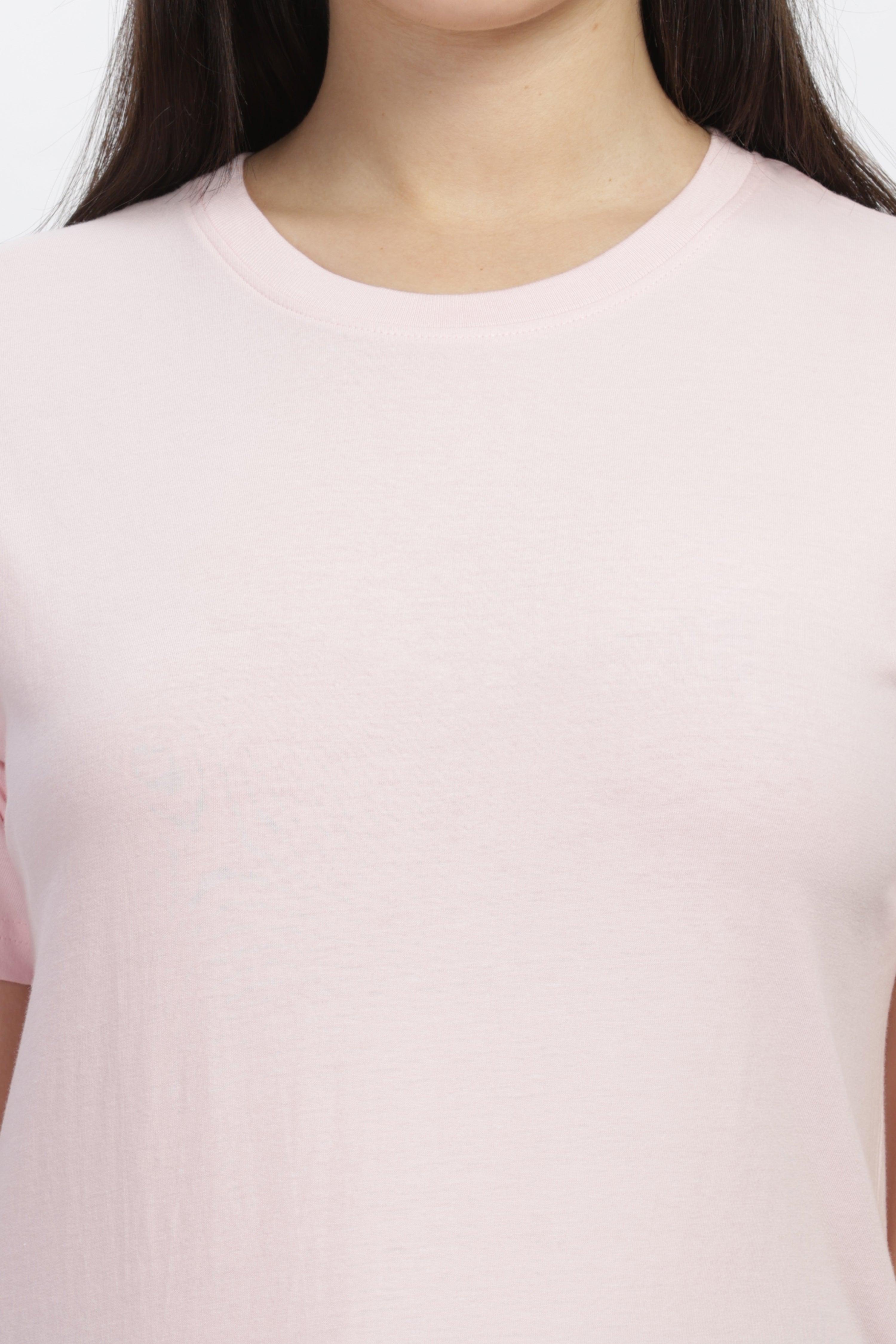 Soulmonk soft pink relaxed fit t-shirt on female model with crew neckline