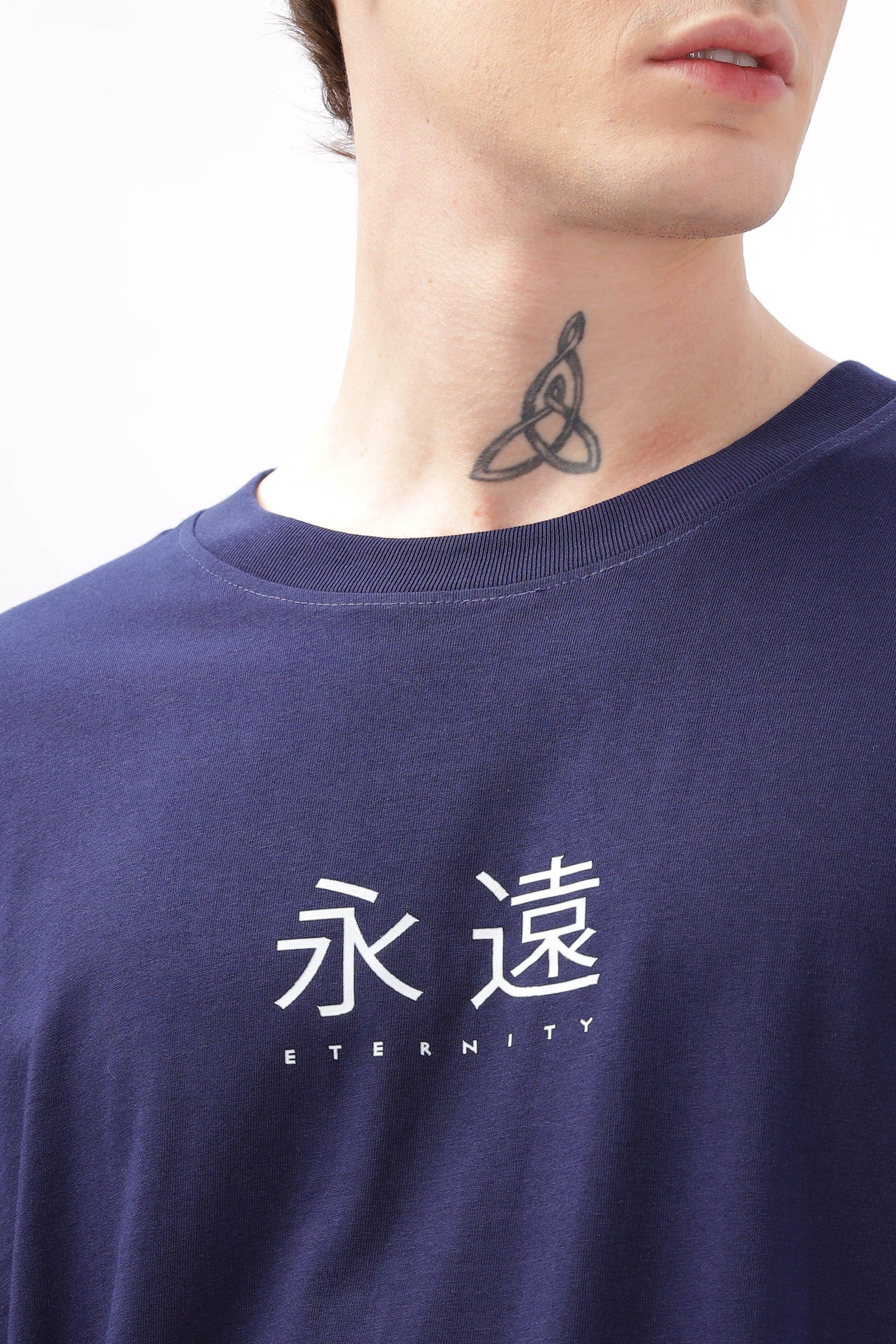 Soulmonk navy blue oversized t-shirt with white eternity text and Japanese characters on chest