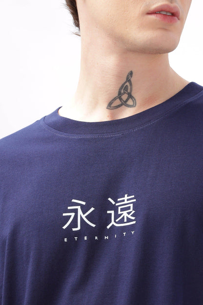 Soulmonk navy blue oversized t-shirt with white eternity text and Japanese characters on chest