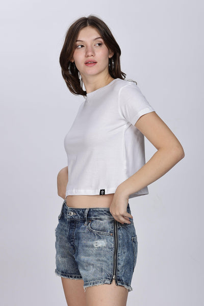 Soulmonk white crop top for women paired with casual denim shorts on female model