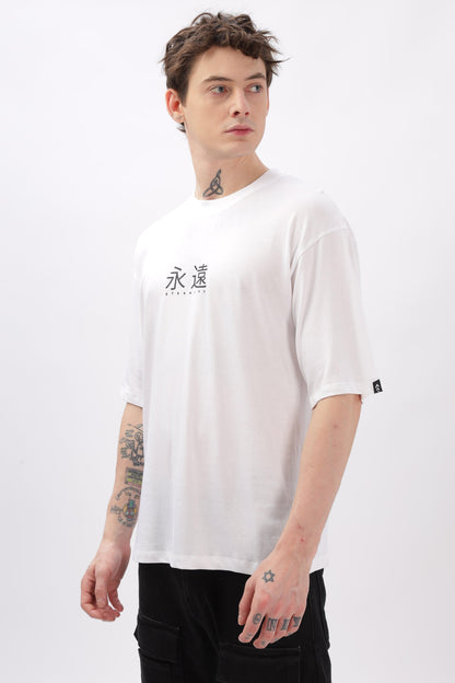 Soulmonk white oversized t-shirt for men with black graphic text worn by male model