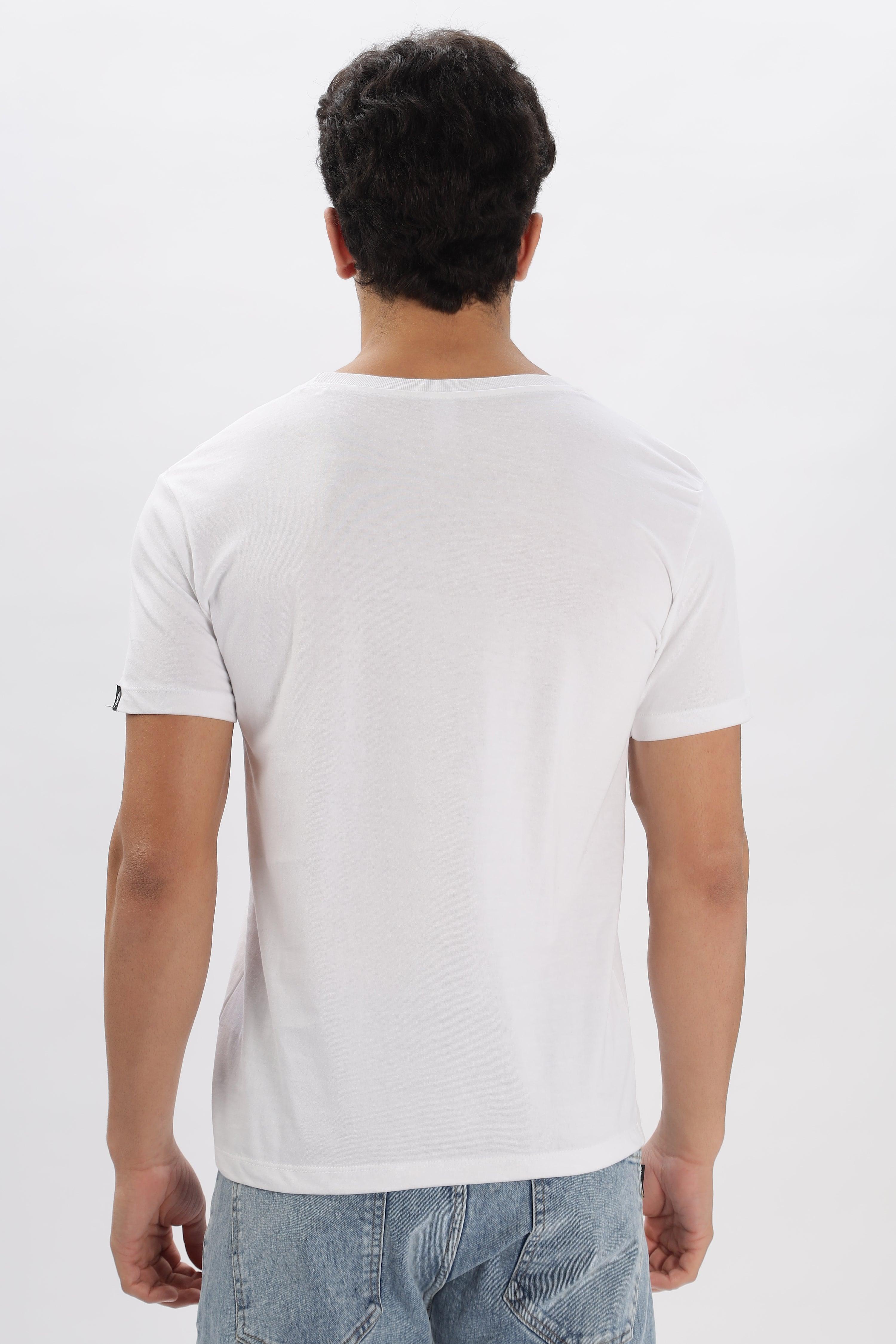 Soulmonk white relaxed fit t-shirt men shown from back on model wearing blue jeans