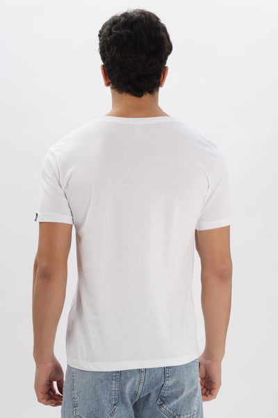 Soulmonk white relaxed fit t-shirt men shown from back on model wearing blue jeans